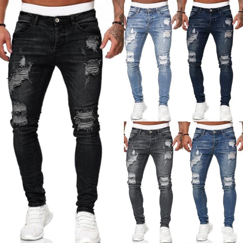 Fashion Street Style Ripped Skinny Jeans Vintage Wash Solid Denim Trouser Casual Slim Fit Pencil Denim Pants