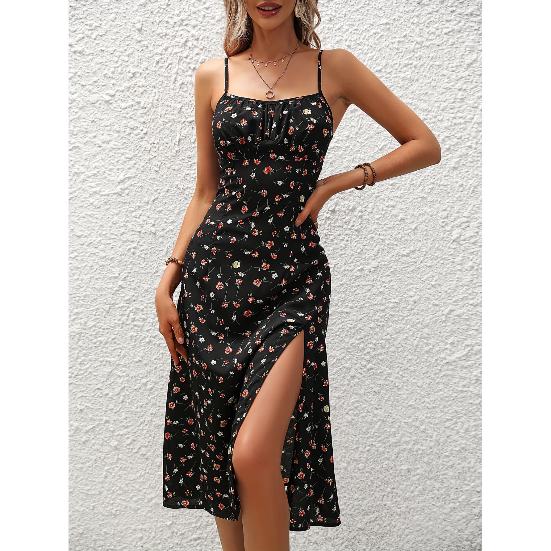 New Polka Dot Print Suspender Dress Summer Sexy Split