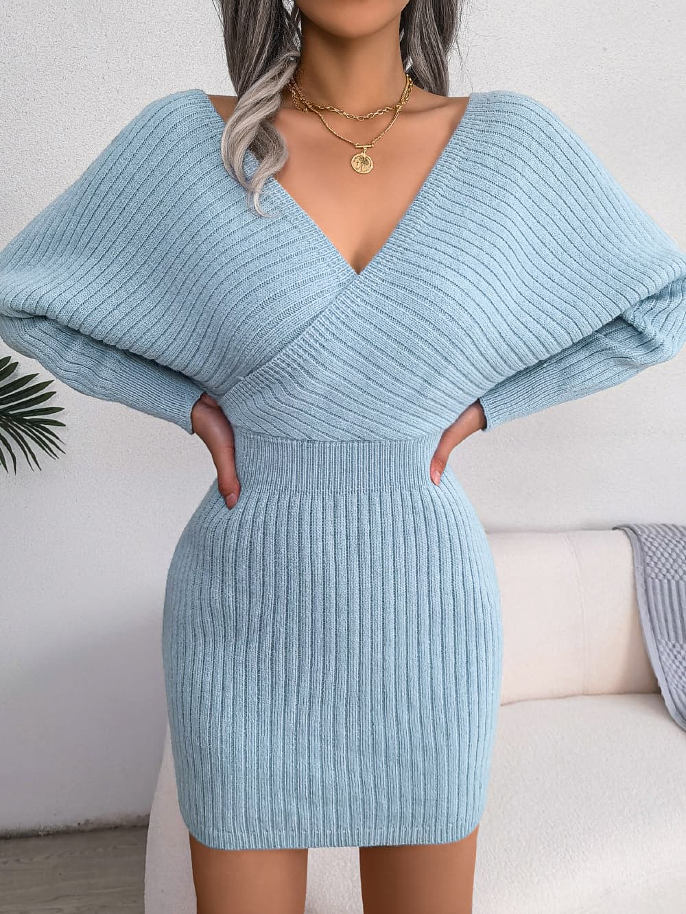 Cross V-Neck Batwing Sleeve Bodycon Sweater Dress